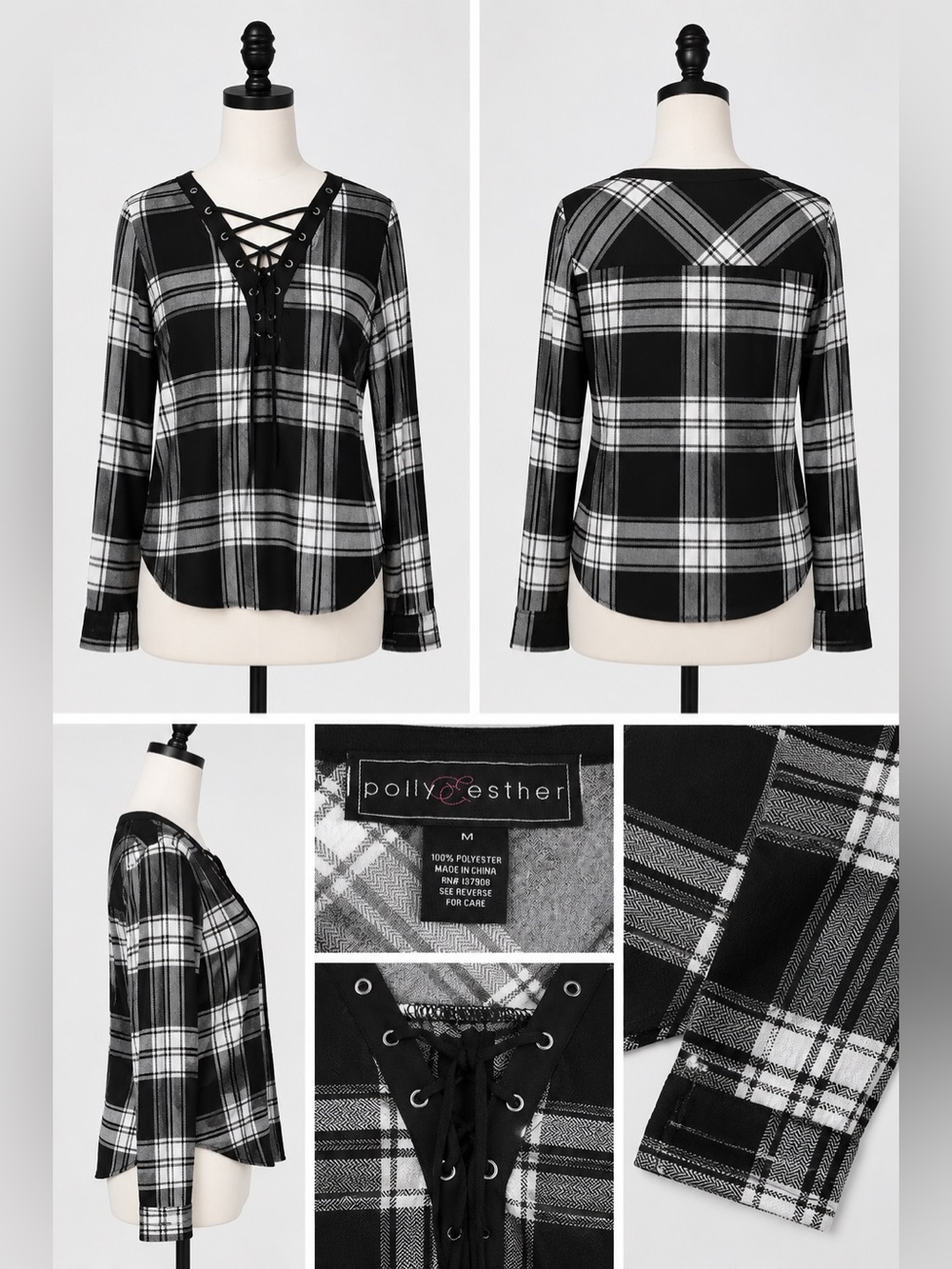 Polly & Esther Black and White Plaid Lace-Up V-Neck Blouse